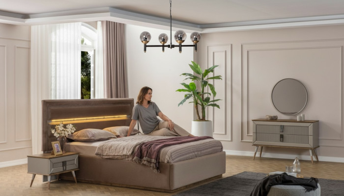 Beige Bedroom Luxury Furniture Designer Double Bed 2x Bedside Tables 5-piece Set