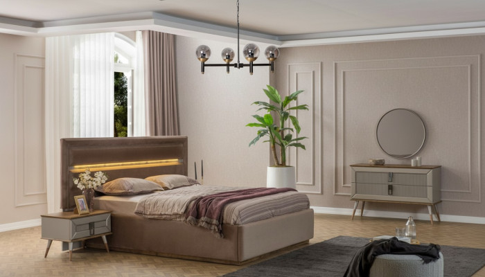 Beige Bedroom Luxury Furniture Designer Double Bed 2x Bedside Tables 5-piece Set