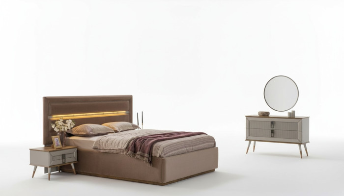 Beige Bedroom Luxury Furniture Designer Double Bed 2x Bedside Tables 5-piece Set