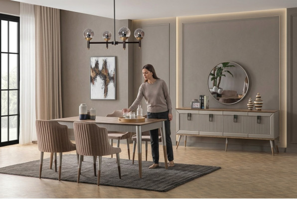 Beige Dining Room Set Rectangular Wooden Table 6x Upholstered Chairs 7-piece Set