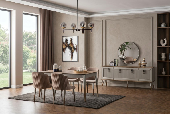 Beige Dining Room Set Rectangular Wooden Table 6x Upholstered Chairs 7-piece Set