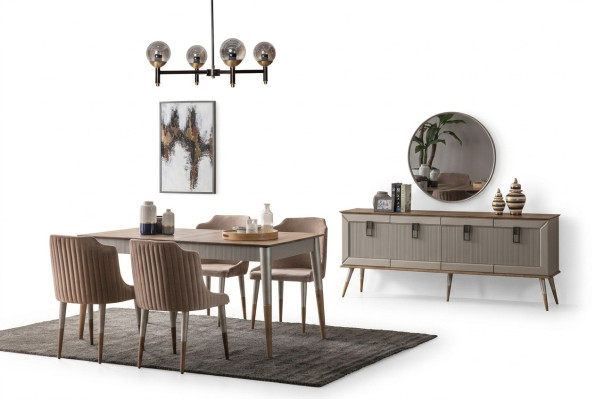 Beige Dining Room Set Rectangular Wooden Table 6x Upholstered Chairs 7-piece Set
