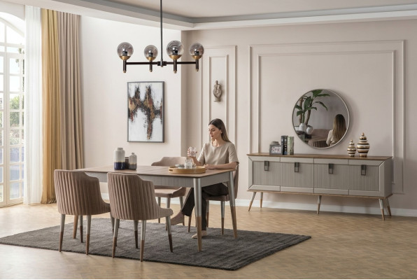 Bright dining room set, robust dining table, luxurious sideboard, 9 pieces
