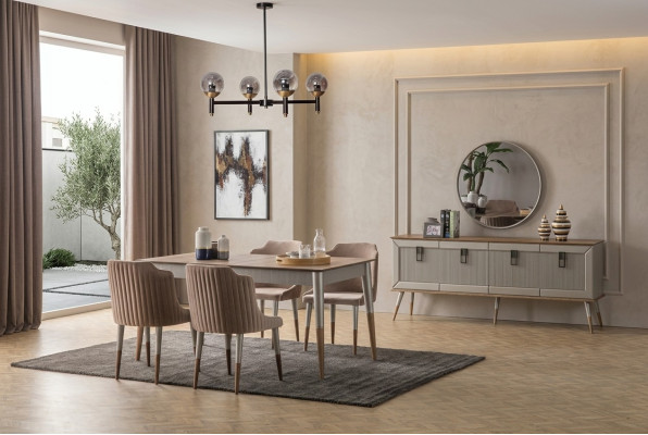Bright dining room set, robust dining table, luxurious sideboard, 9 pieces