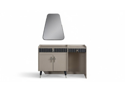Beige wooden vanity table, designer cosmetic console with mirror, 2-piece set