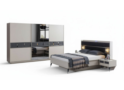 Gray bedroom furniture designer bed 2x nightstands wood wardrobe 4-piece set