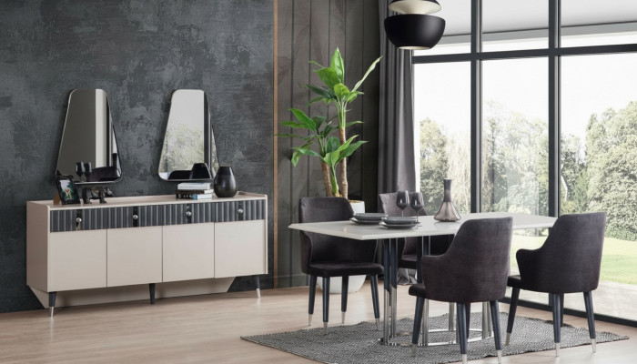 Modern dining set rectangular dining table 6x chairs sideboard 2x mirrors