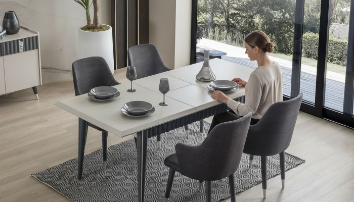 Designer Rectangular White Dining Table with 6 Grey Upholstered Chairs 7-piece Set