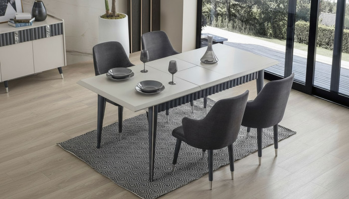 Designer Rectangular White Dining Table with 6 Grey Upholstered Chairs 7-piece Set
