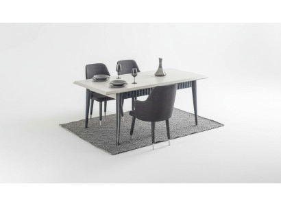 Designer Rectangular White Dining Table with 6 Grey Upholstered Chairs 7-piece Set