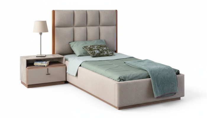 Beige children's room set, designer single bed, wooden nightstand 2-piece set