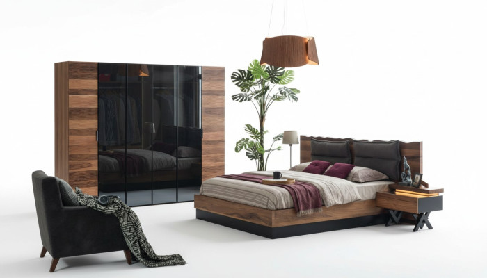 Modern bedroom furniture designer bed 2x nightstands wardrobe