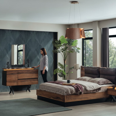Modern wooden bedroom set designer double bed nightstand 5-piece set