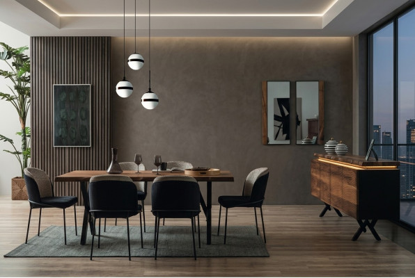 Complete Brown-Black Dining Set Designer Wooden Dining Table Upholstered Chairs