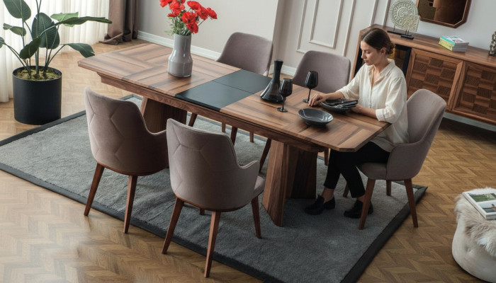Complete dining set designer corner wooden dining table 6 upholstered chairs