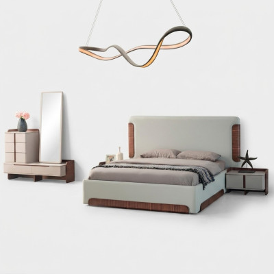 Stylish beige bedroom furniture upholstered double bed dressing table 5-piece set