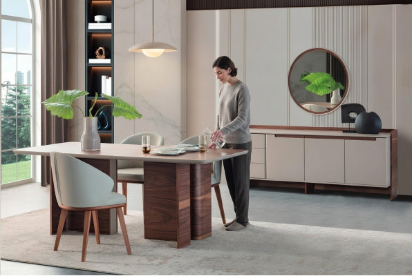 Exclusive dining room furniture, sturdy dining table, designer sideboard, chairs