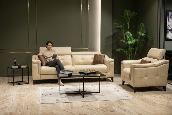 Beige living room three-seater leather sofa 3-seater upholstered couch wooden frame