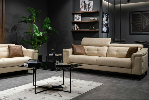 Beige living room three-seater leather sofa 3-seater upholstered couch wooden frame