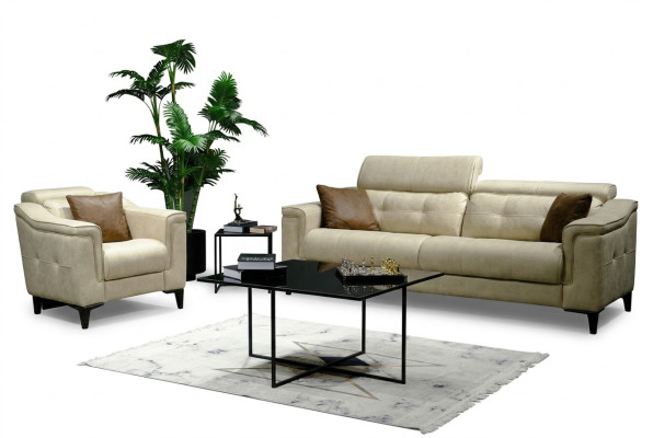 Beige living room three-seater leather sofa 3-seater upholstered couch wooden frame