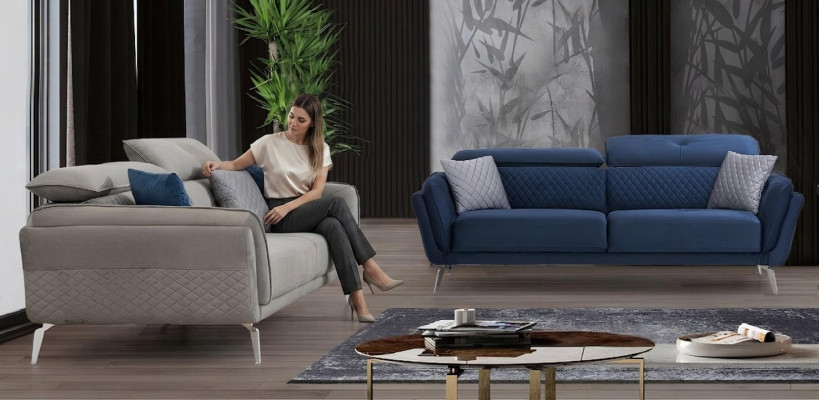 Designer upholstered couch set blue-gray fabric sofas luxury 2x 3-seater