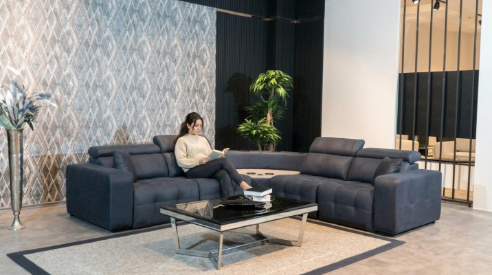 L-shaped sectional leather sofa, large sofa, gray couch, living room design