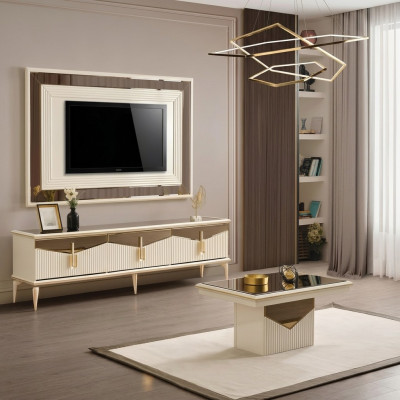 Wall unit TV stand wall panel coffee table RTV lowboard gold 3-piece beige