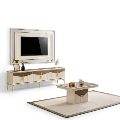 Wall unit TV stand wall panel coffee table RTV lowboard gold 3-piece beige