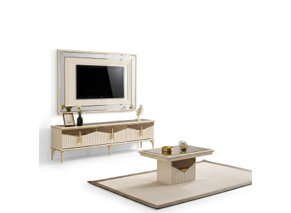 Wall unit TV stand wall panel coffee table RTV lowboard gold 3-piece beige
