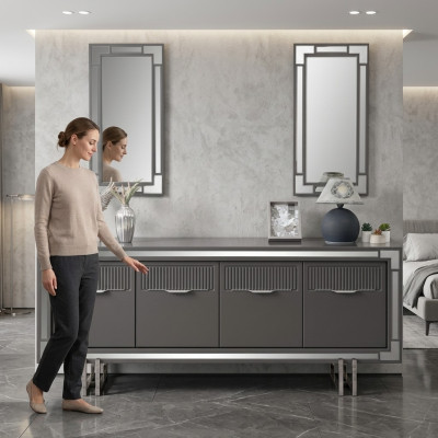 Wooden cupboard sideboard gray cabinet chest of drawers wood dining room