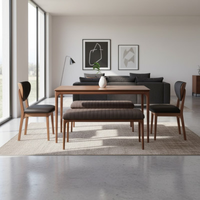 Dining group wood dining room dining table chairs 6-piece brown dining nook bench fabric