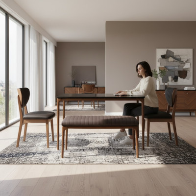 Dining nook, dining set, dining room, dining table, 6-piece chairs, brown, bench, fabric, wood