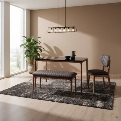 Dining nook, dining set, dining room, dining table, 6-piece chairs, brown, bench, fabric, wood