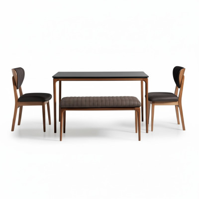 Dining nook, dining set, dining room, dining table, 6-piece chairs, brown, bench, fabric, wood