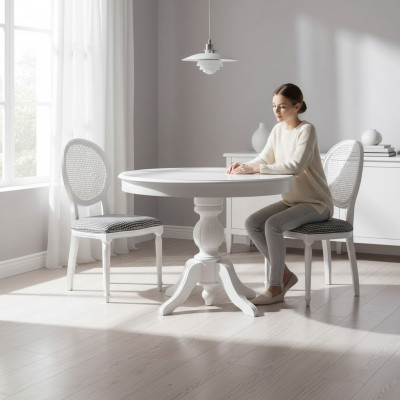 Luxury dining set dining room round dining table chairs 3-piece white fabric wood