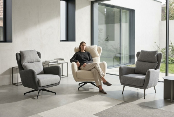 Fabric armchair, wing chair, beige upholstery, living room, single seater.