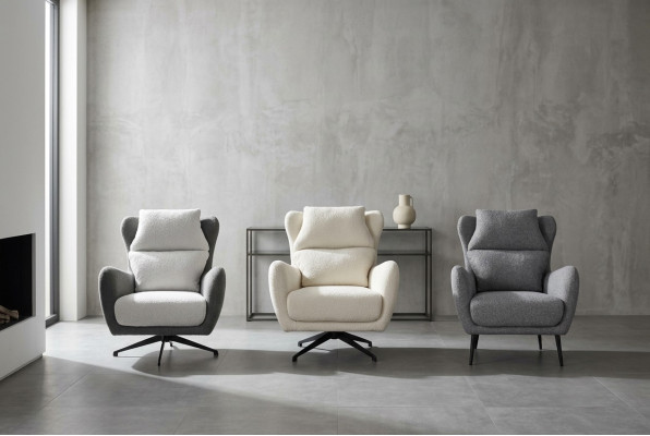 Fabric armchair, wing chair, beige upholstery, living room, single seater.