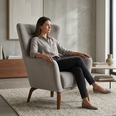 Wingback armchair living room fabric armchair gray upholstered single-seater seat