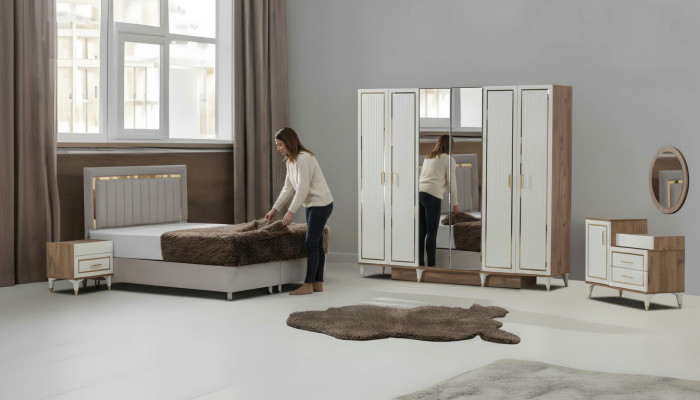 White-Golden Bedroom Set Sleeping Bed Wardrobe Dresser