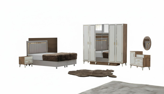 White-Golden Bedroom Set Sleeping Bed Wardrobe Dresser