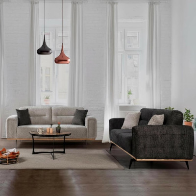 Modern gray couch set, 2x three-seater, luxurious upholstered sofas, 2-piece set