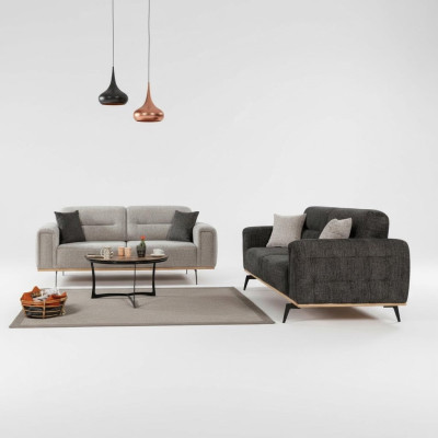 Modern gray couch set, 2x three-seater, luxurious upholstered sofas, 2-piece set