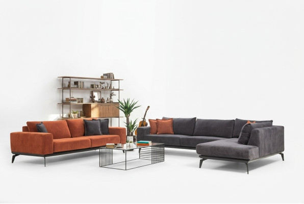 Gray Upholstered Corner Sofa Designer Three-Seater Fabric Sofas Living Room Set