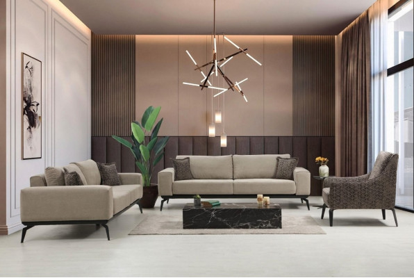 Beige fabric sofas complete set three-seater upholstered sofas armchair.