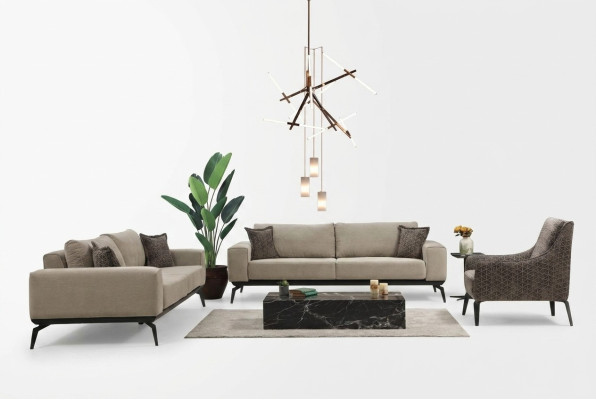 Beige fabric sofas complete set three-seater upholstered sofas armchair.