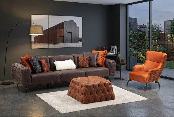Complete four-seater armchair couch brown upholstered fabric sofa set 2-piece