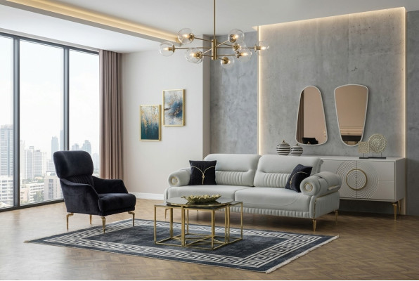 Group Sofas Three-seater Armchair Couch Upholstered Sofa Fabric Sofa Blue 2-piece set