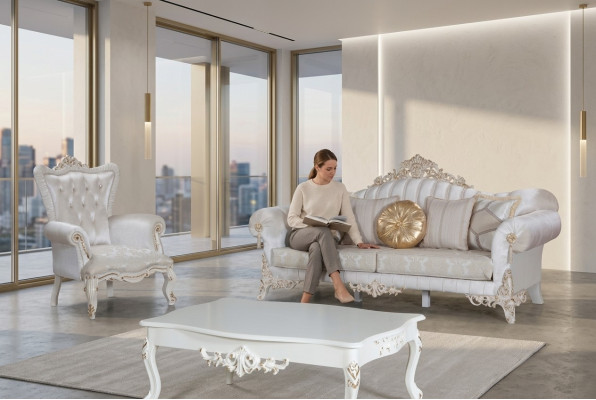 Luxurious sofa set for the living room in classic style in the color white