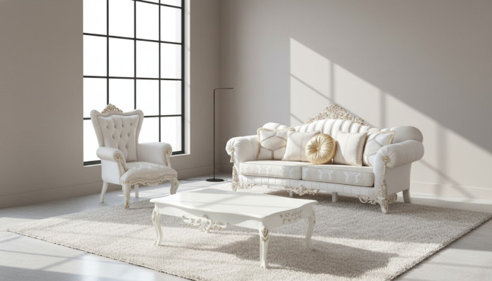 Luxurious sofa set for the living room in classic style in the color white