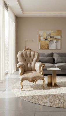 Classic armchair with beige decor and Chesterfield design for the living room